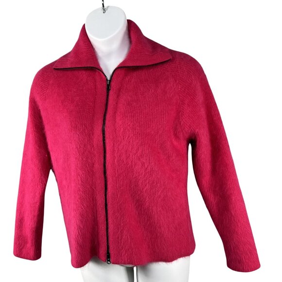 Vintage VENESHA Womens L 80% Angora Fuzzy Fuchsia Zip Sweater Jacket Old Money - Picture 7 of 16